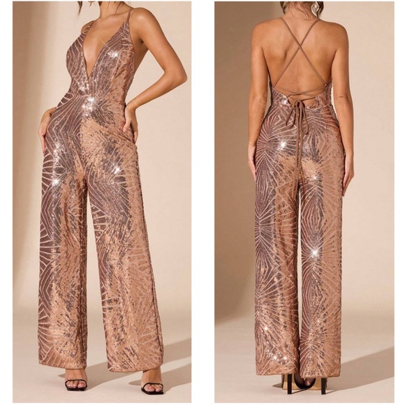 Luxe Champagne Sequin Plunging Neck Criss Cross Back Wide leg Jumpsuit